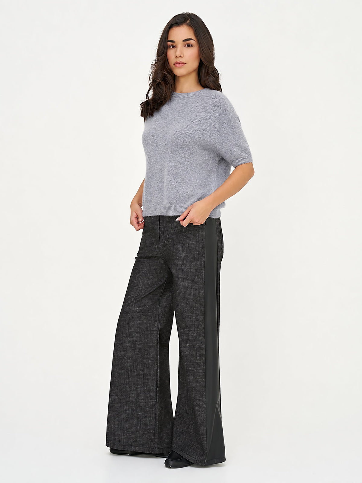 Women's Soft Brushed-Knit Crew-Neck Sweater with Elbow-Length Sleeves