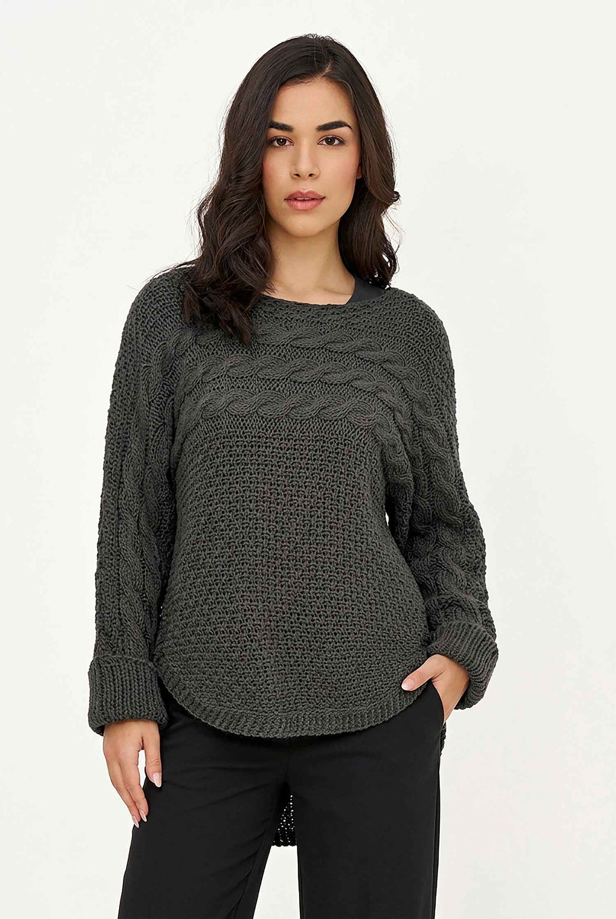 Women's Cable-Knit Scoop-Neck Sweater, Cuffed Sleeves & High-Low Hem