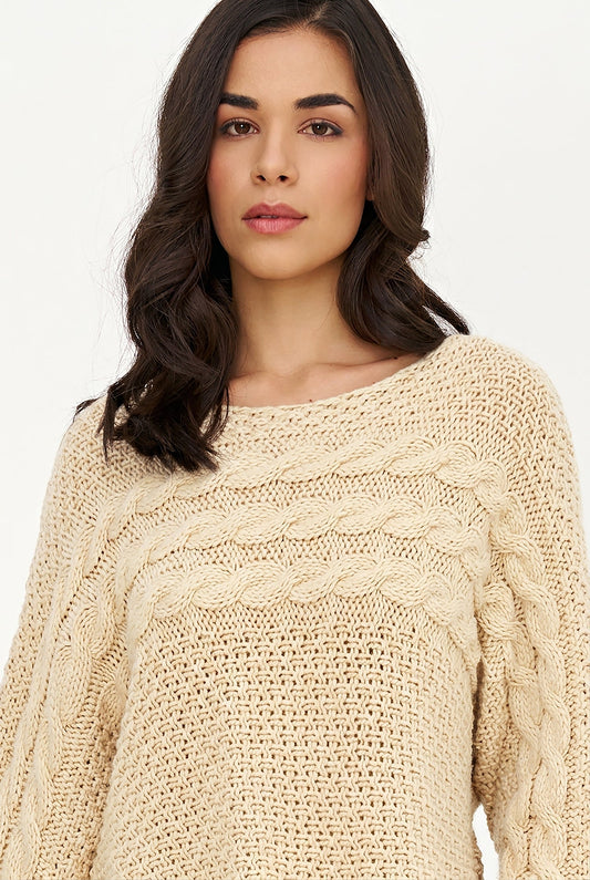 Women's Cable-Knit Scoop-Neck Sweater, Cuffed Sleeves & High-Low Hem