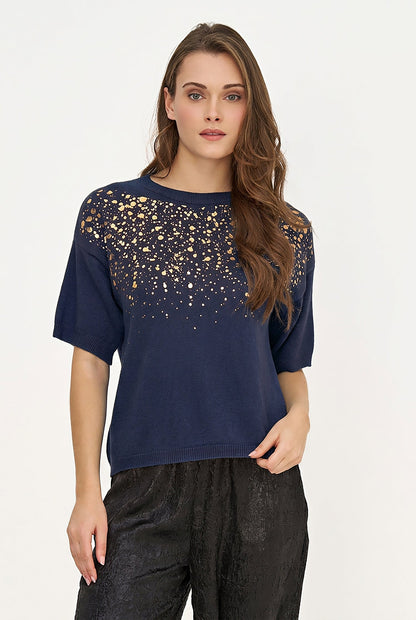 Women's Foil Polka-Dot Wide Crew-Neck Sweater, Elbow-Length Sleeves