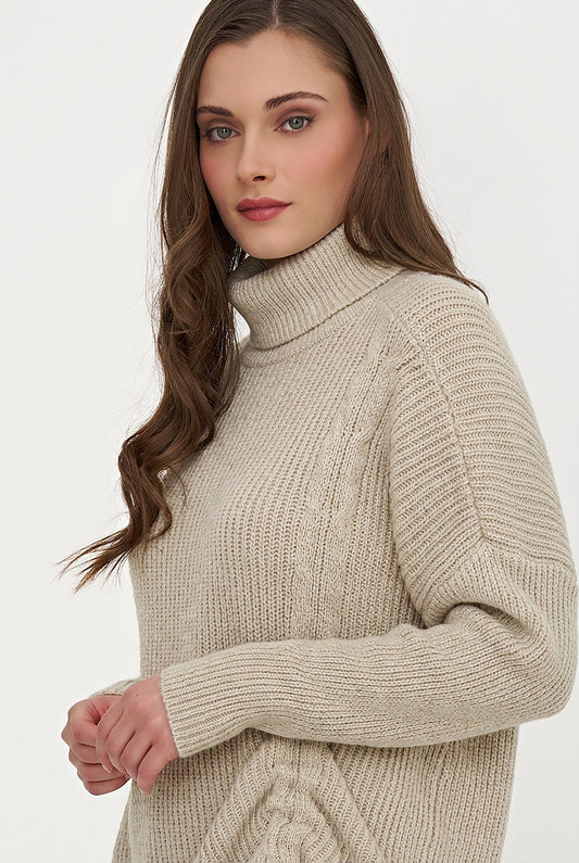 Women's Rib-Knit Turtleneck Tunic Sweater with Asymmetric Tie Front