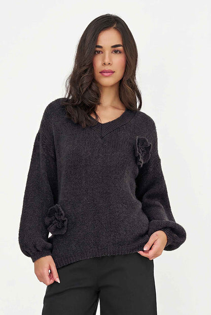 Women's Knit V-Neck Sweater, Long Sleeves & Flower Details