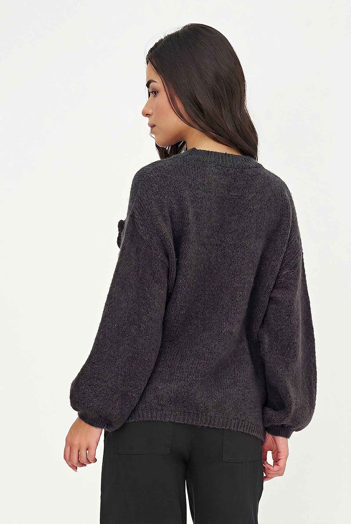 Women's Knit V-Neck Sweater, Long Sleeves & Flower Details