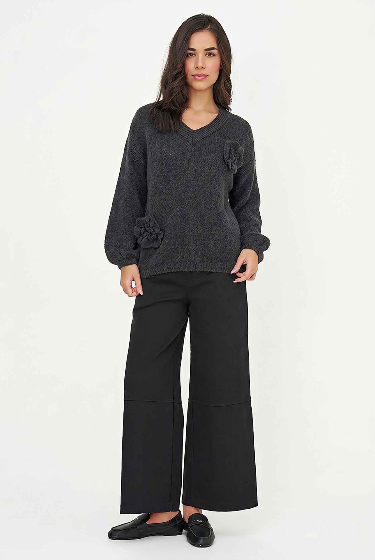 Women's Knit V-Neck Sweater, Long Sleeves & Flower Details