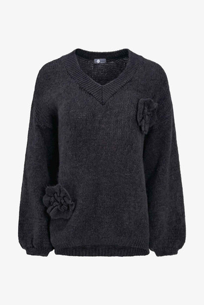 Women's Knit V-Neck Sweater, Long Sleeves & Flower Details