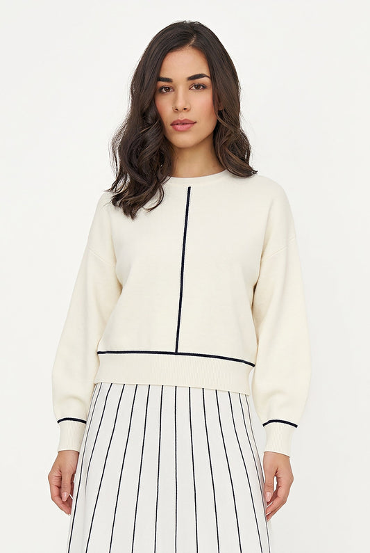 Women's Color-Block Crew-Neck Sweater, Long Sleeves & Piping