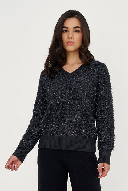Women's Tinsel-Knit V-Neck Sweater with Long Sleeves