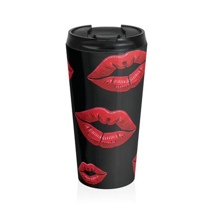 Red Lipstick Kiss Pattern Travel Mug | Black Stainless Steel - AURABAGS SHOP