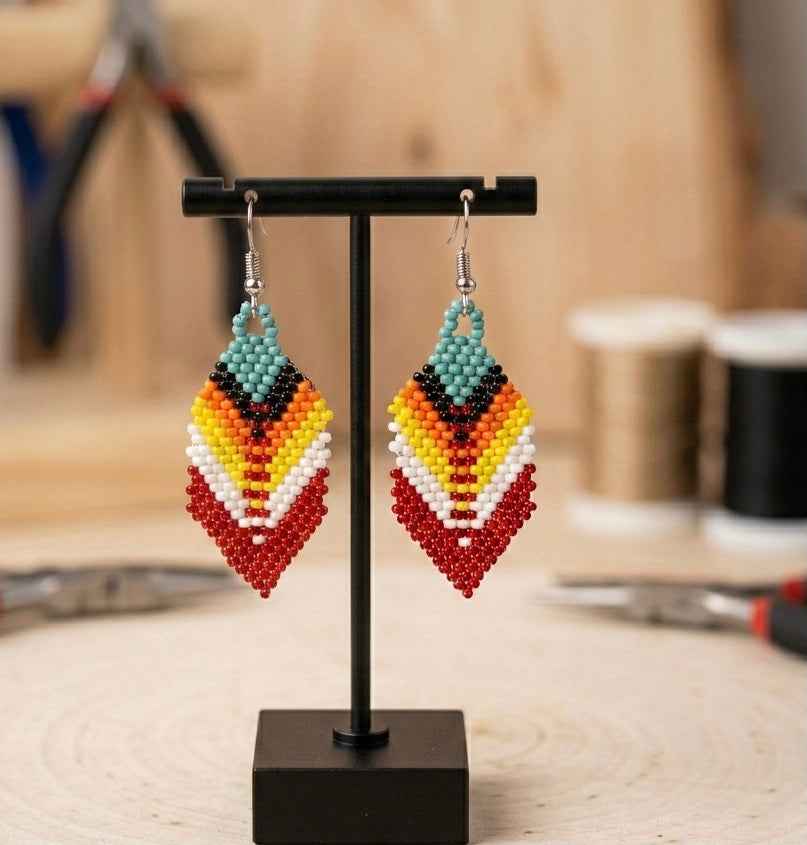 OldTribes™ Red Beaded Feather Drop Earrings
