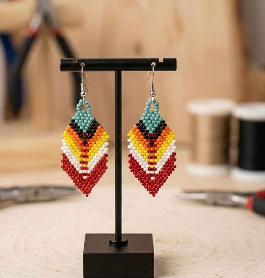 OldTribes™ Red Beaded Feather Drop Earrings