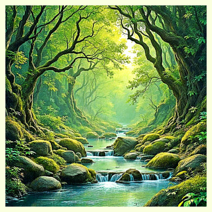 Enchanted Mossy Forest River – Ethereal Woodland Landscape Digital Art - AURABAGS SHOP