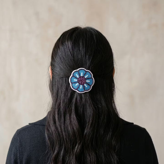Blue Beaded Flower Barrette