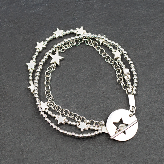 Silver Plate Multi Strand Star Charm Bracelet With T-Bar Clasp