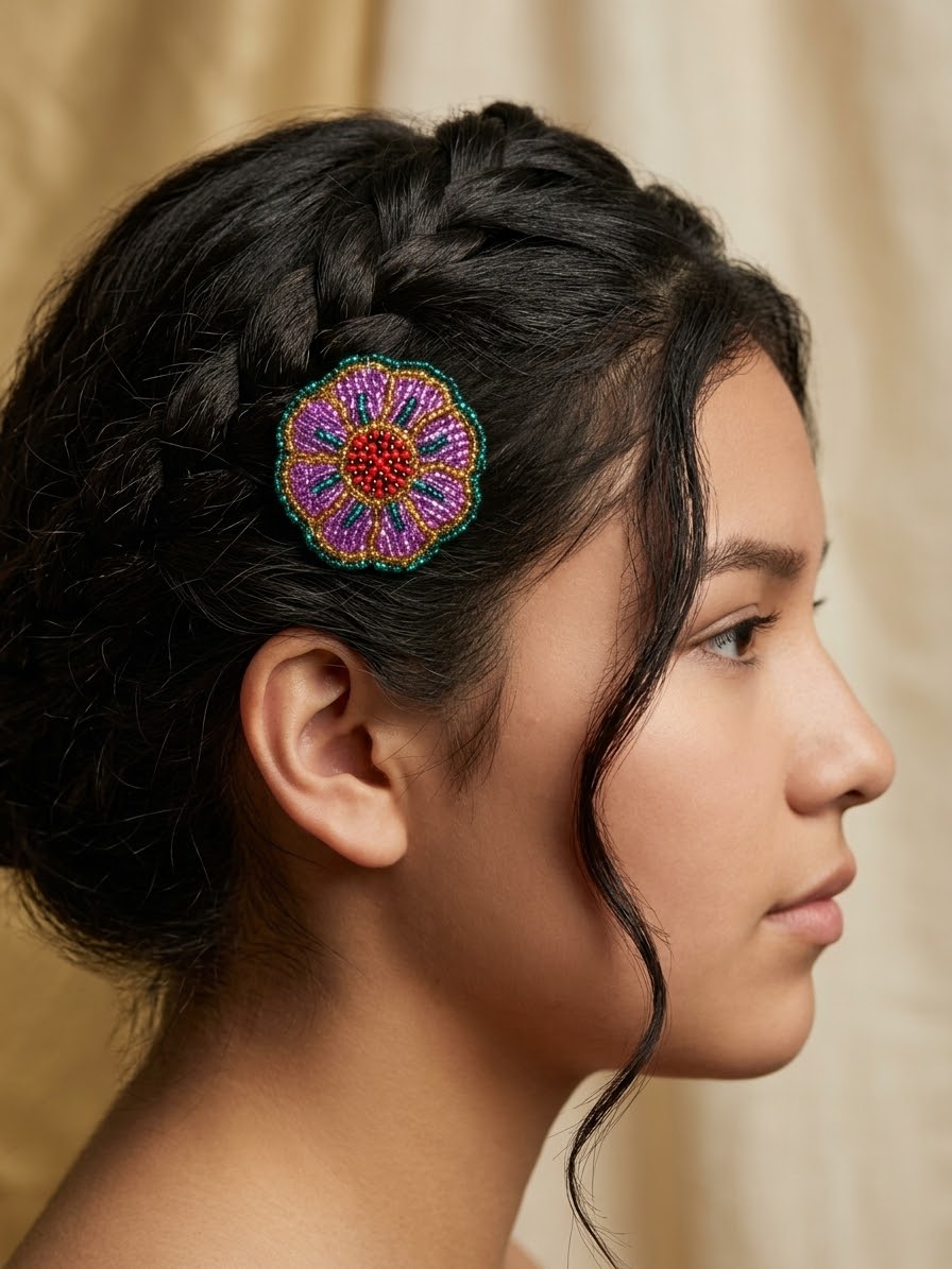 Purple Beaded Flower Barrette