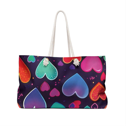 Neon Rainbow Hearts Weekender Bag | Colorful Heart Pattern Tote