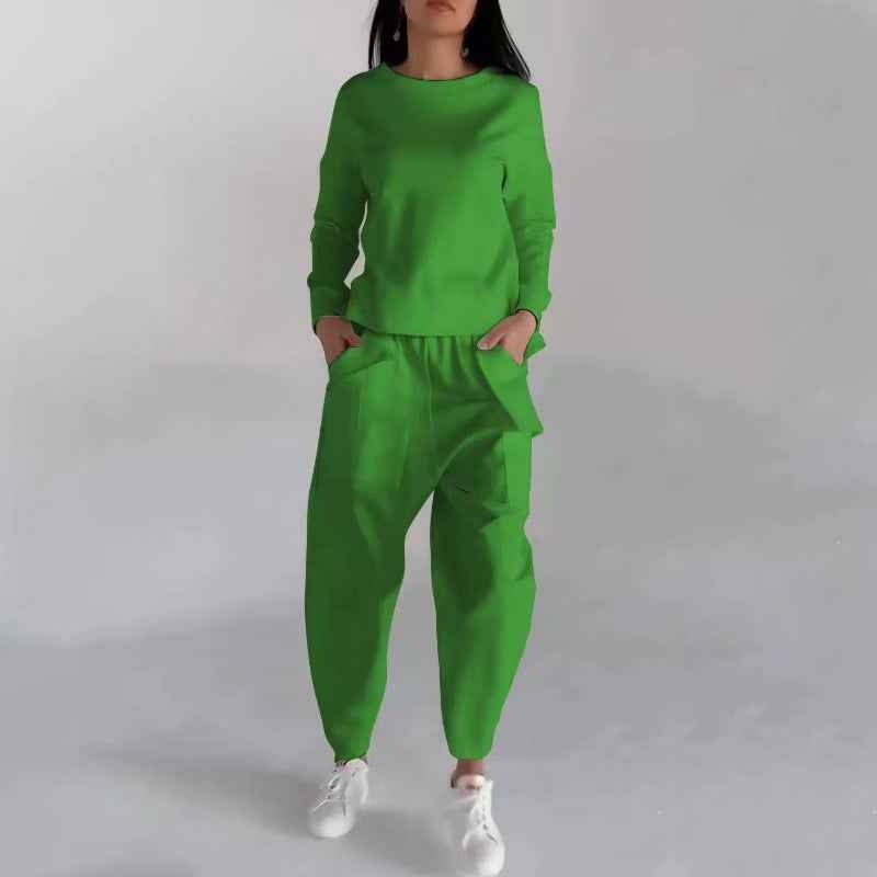 Fashion Women's Lounge Set – Solid Color Pullover Top and Wide Leg Trousers