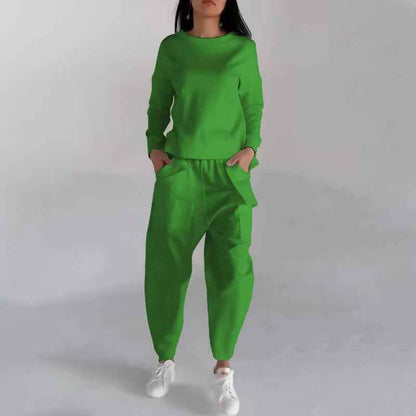 Fashion Women's Lounge Set – Solid Color Pullover Top and Wide Leg Trousers