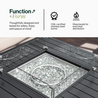 Propane FirePit Table: 50,000 BTU Aluminum Slat Top with Lid, Stainless Steel Burner, Windguard, 8KG Glass Beads, 300D PVC Cover, CSA-Listed - AURABAGS SHOP