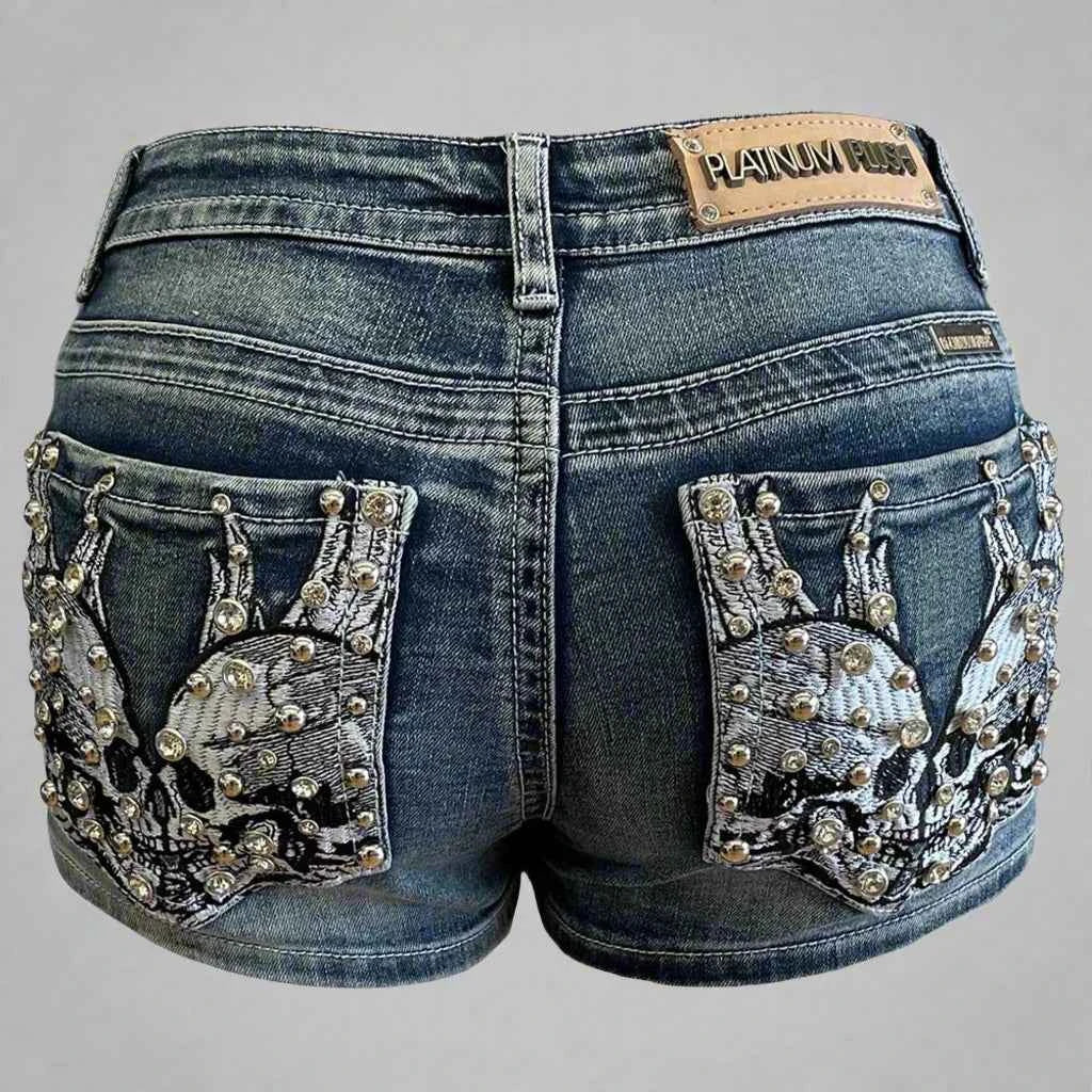 Bus Stop Women's Rhinestone Skull Wing Denim Shorts