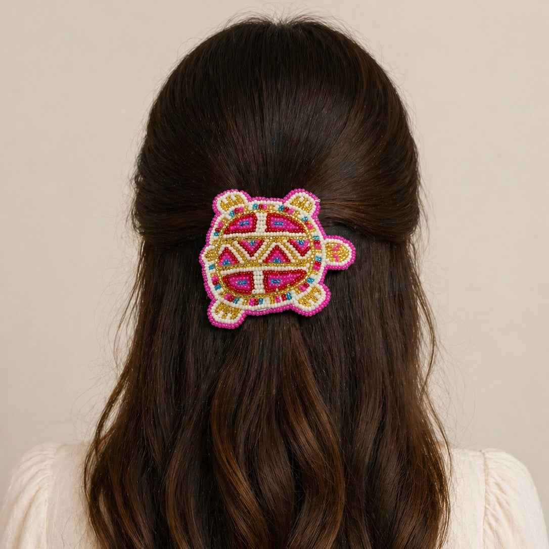 Beaded turtle Barrette pink accent