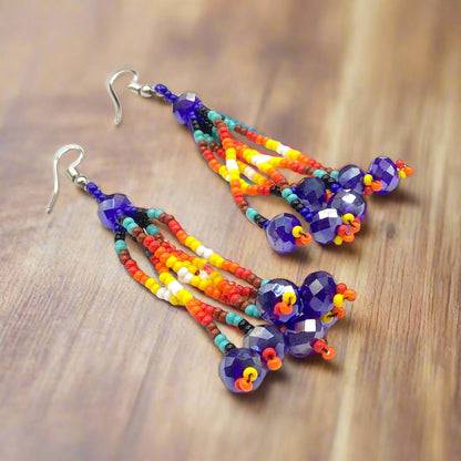 Blue Six-Strand Beaded Cascade Earrings