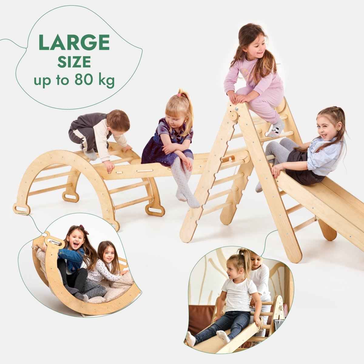 4in1 Montessori Climbing Frame Set: Triangle Ladder + Arch/Rocker + Slide Board/Ramp + Netting rope