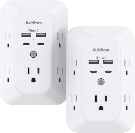 2 Pack USB Wall Charger Surge Protector, Multi Plug Outlet with 5 Outlet Extender and 4 USB Charging Ports (2 USB C Outlet) 3 Sided 1800J Power Bar for Home Travel Office 🍁 All In One Marketplace Canada