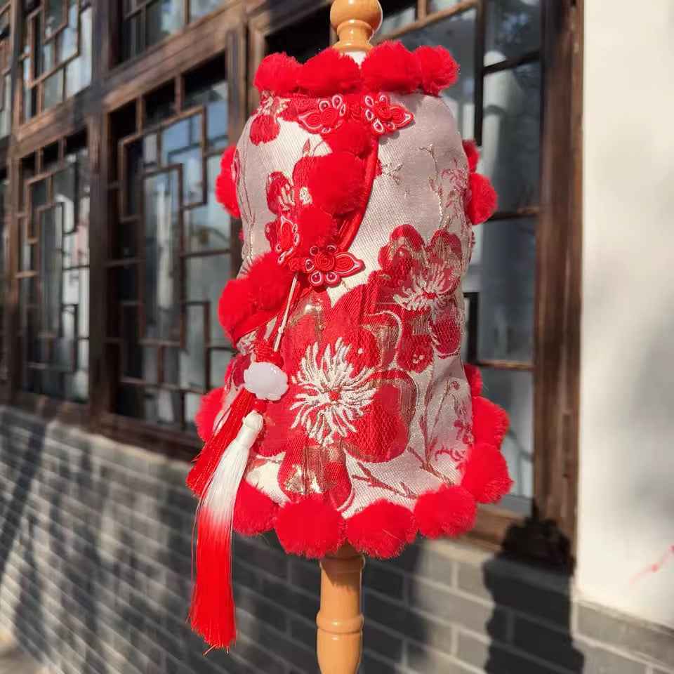 Lucky Bloom Chinese New Year Dog Shirt | Red & Gold Cheongsam-Inspired Top