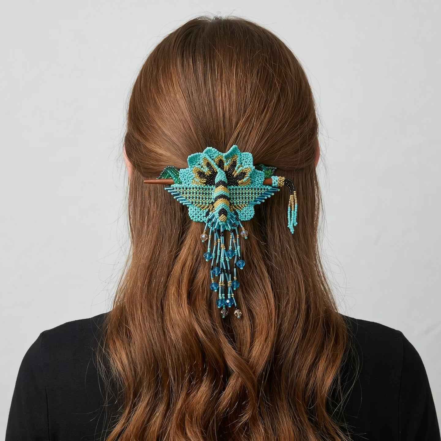 Maple Blossom Hummingbird Beaded Hair Stick Barrette Turquoise