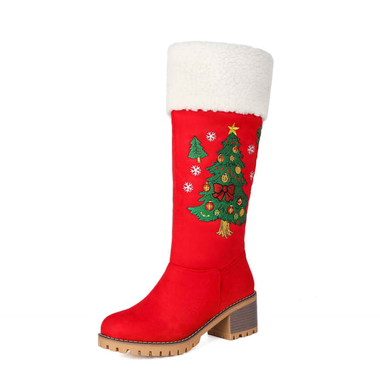 Women's Holiday Suede High Boots – Christmas Tree Embroidery Over-the-Knee Boots