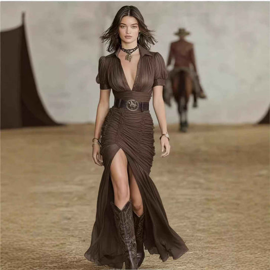 Women's Pleated Collar Mermaid Maxi Dress | Elegant Button Dress (Belt Not Included)