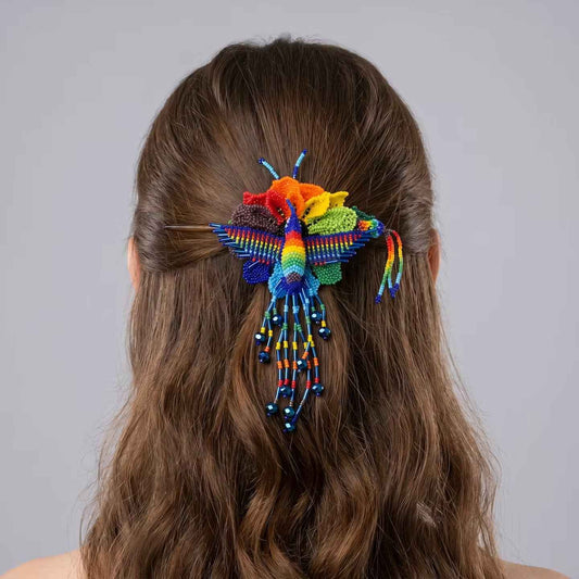 Maple Blossom Hummingbird Beaded Hair Stick Barrette Blue