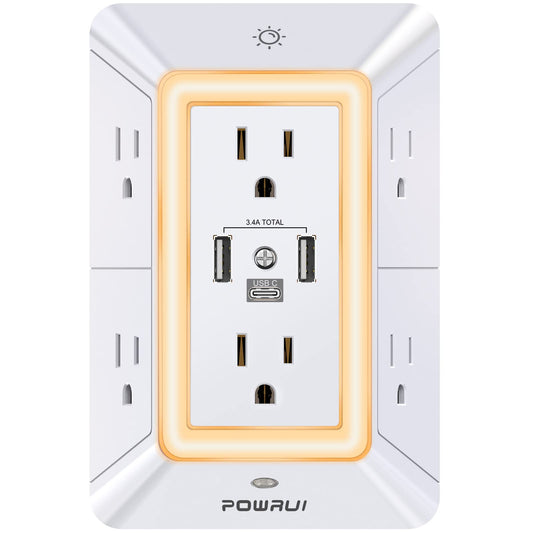 3-Sided Power Bars with Surge Protector, POWRUI 6-Outlet Extender with 3 USB Ports (1 USB C) and Night Light, Multi Plug Outlet and Spaced Outlets Adapter, ETL, White 🍁 All In One Marketplace Canada