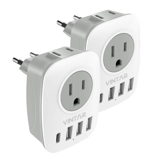 2 Pack European Plug Adapter, VINTAR Type C Travel Adapter for Europe with 2 AC Outlets and 4 USB Ports(1 USB C), Europe Travel Essentials Plug Converter for Canada to EU Italy Greece Spain France 🍁 All In One Marketplace Canada