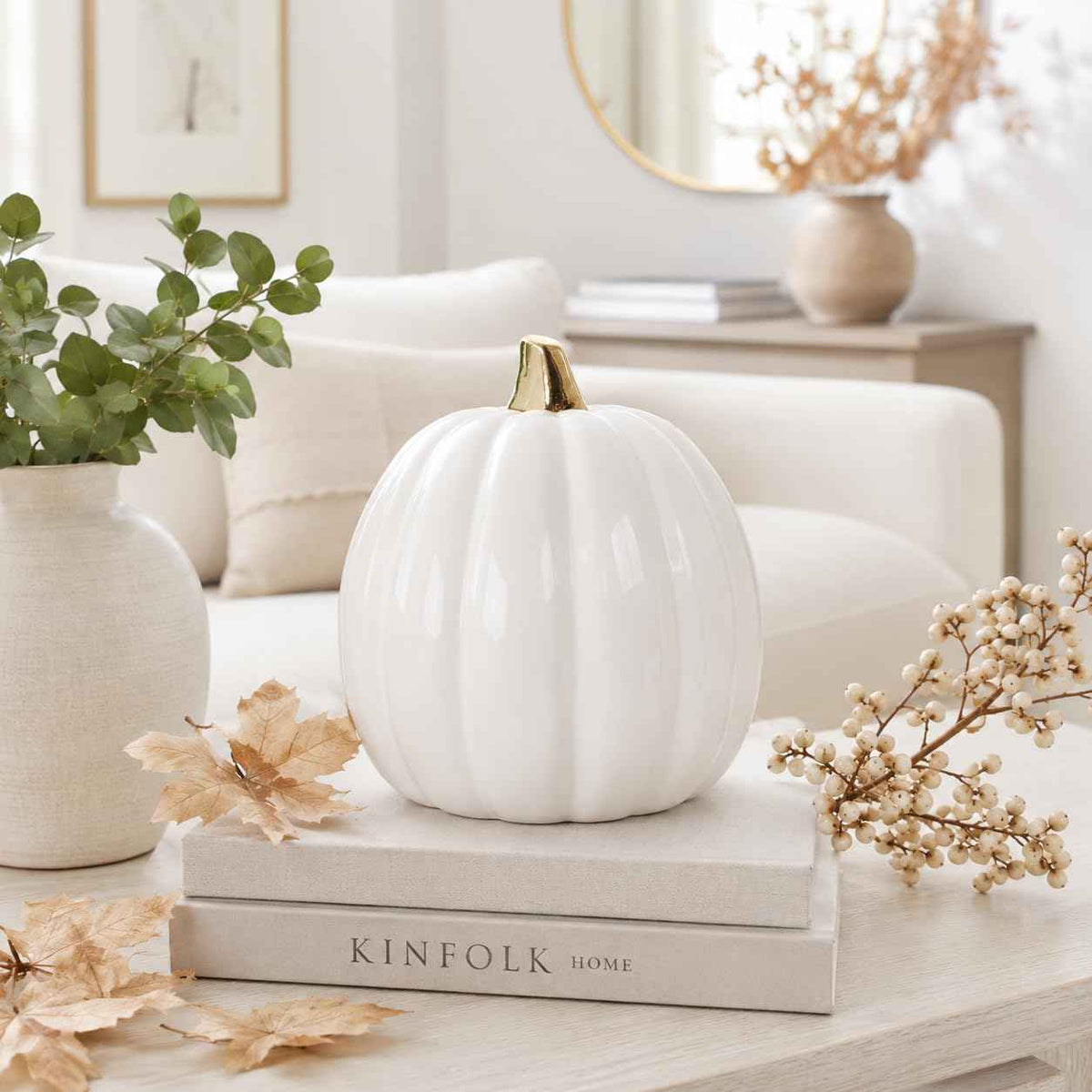 Pearhead White Ceramic Pumpkin, Home Fall Décor, Modern Holiday Home Decor, Trendy Halloween Decorations, White, Small