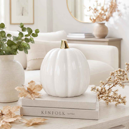 Pearhead White Ceramic Pumpkin, Home Fall Décor, Modern Holiday Home Decor, Trendy Halloween Decorations, White, Small