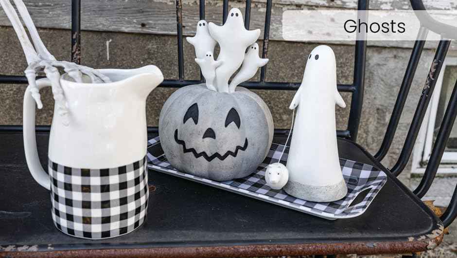 Boston International Halloween Figurine Tabletop Mantel Shelf Fall Autumn Decorations for Home, 7" x 10", Ghost & Jack-O-Lantern
