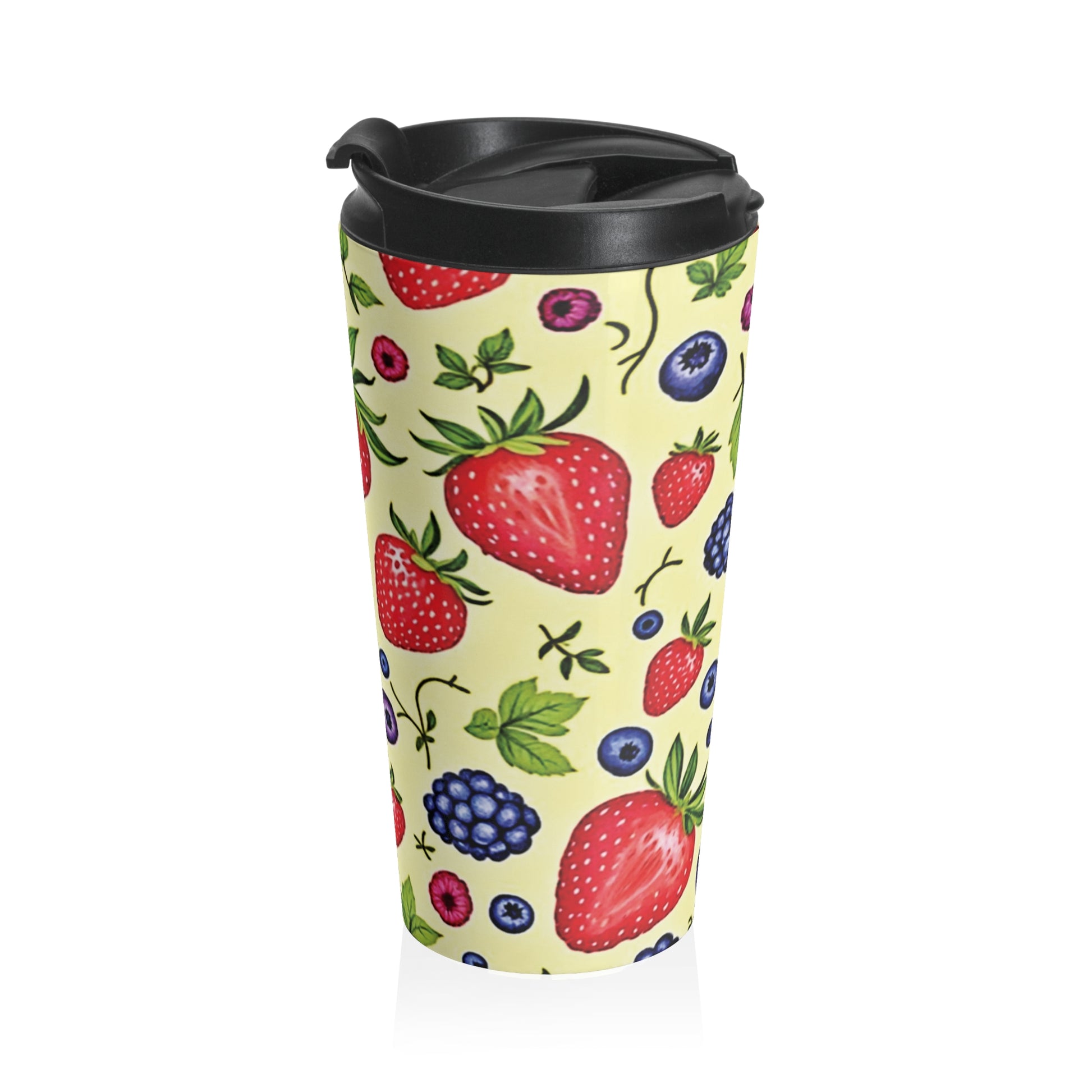 Strawberry & Berry Pattern Stainless Steel Travel Mug — Insulated Fruit Print Tumbler - AURABAGS SHOP