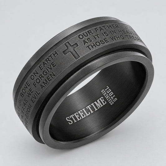 Men’s Black Stainless Steel Lord’s Prayer Band. Religious Biker Ring