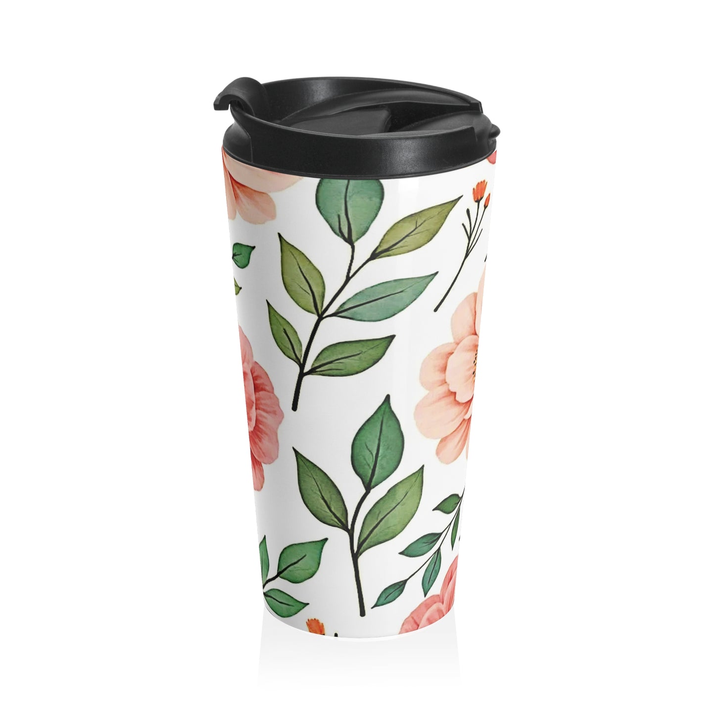 Peach Floral Pattern Stainless Steel Travel Mug | Botanical Leaves - AURABAGS SHOP