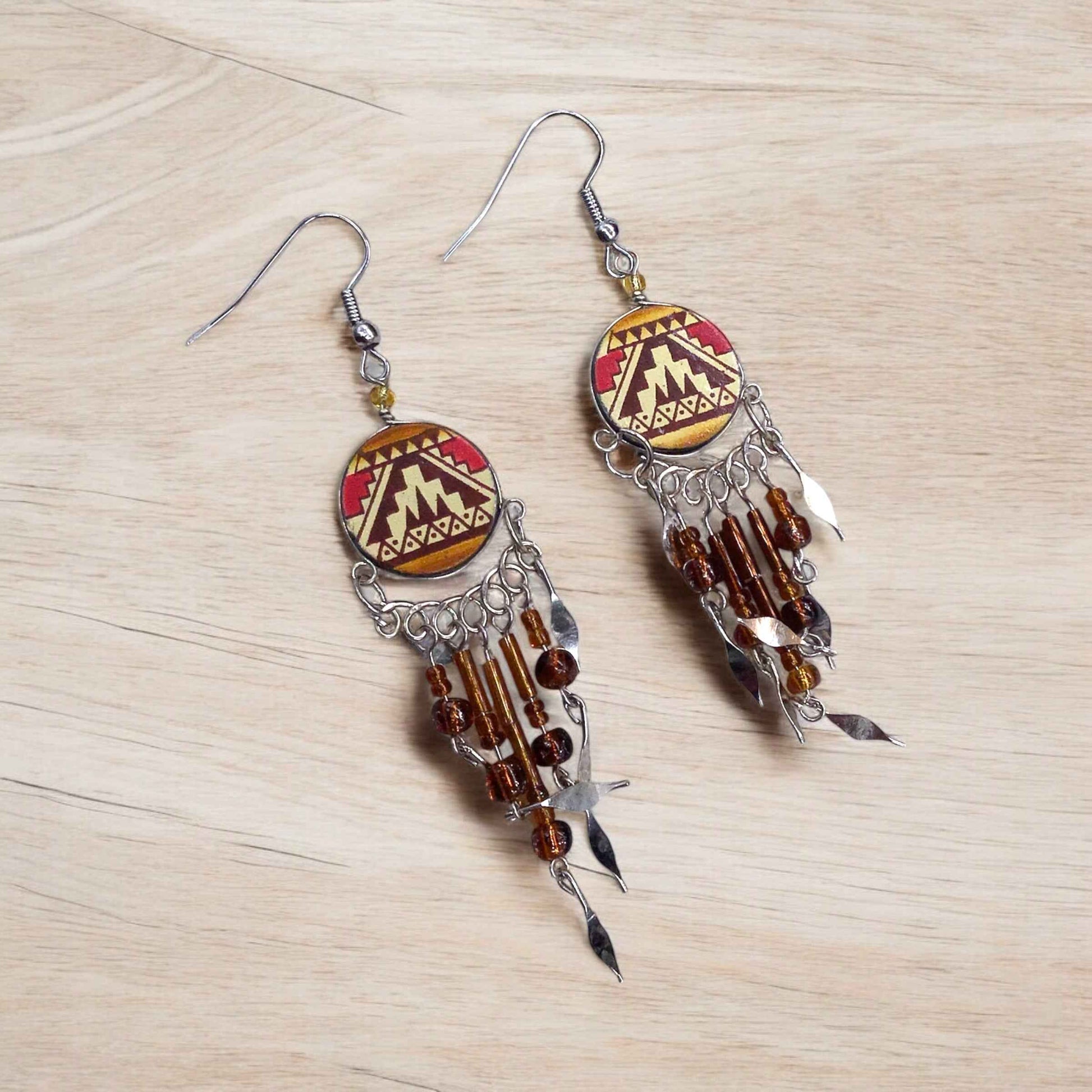 Red and Orange Southwestern Round Shaped Dangle Earrings