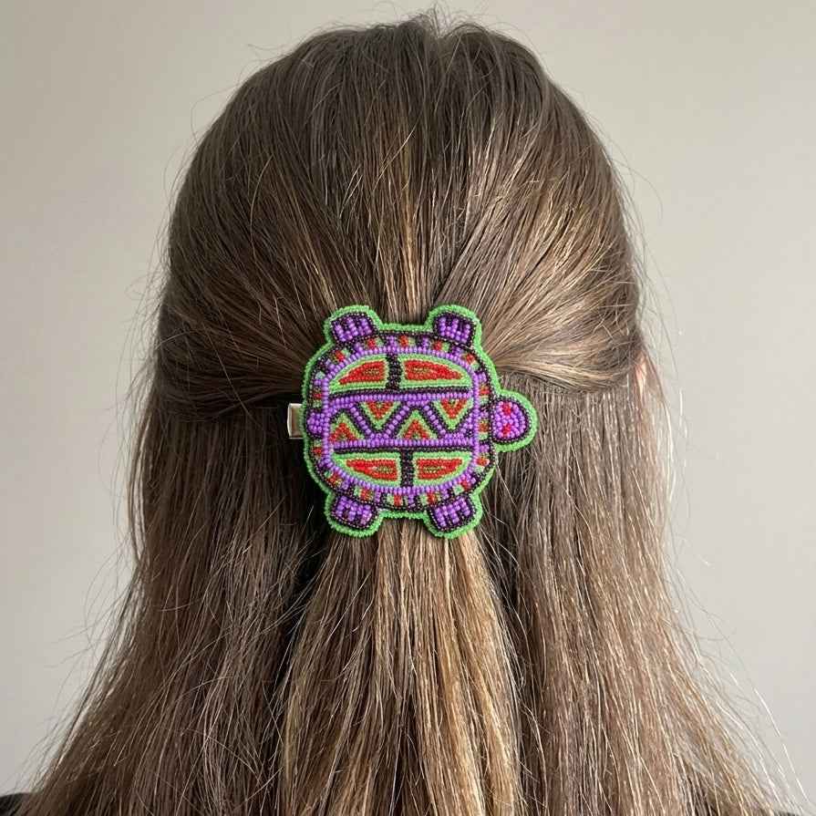 Beaded turtle Barrette Green accent