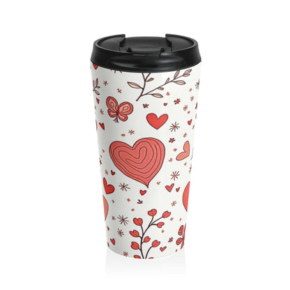 Hand-Drawn Hearts Travel Mug | Valentine Butterfly Floral Stainless Steel - AURABAGS SHOP
