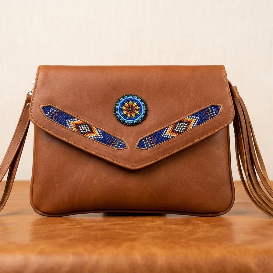 Leather beaded Crossbody bag(Brown)