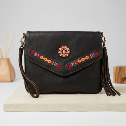 Leather beaded Crossbody bag(Chocolate Brown)