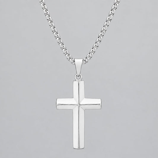 Men’s Stainless Steel Knife-Edge Cross Pendant Necklace. Polished Biker Jewellery