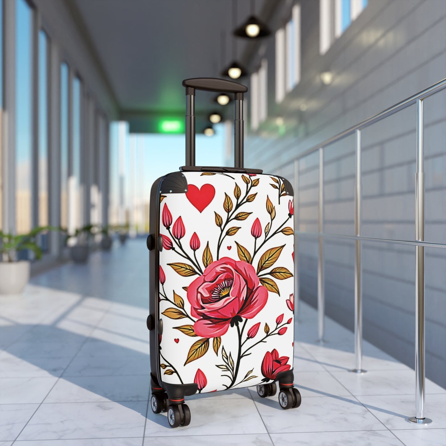 Floral Heart Carry-On Suitcase — Pink Rose Pattern Travel Luggage