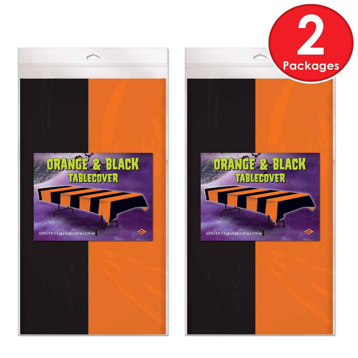 Beistle Orange & Black Stripes Tablecovers, 54” x 108”, Plastic Table Cloth, Rectangular Tablecloth, Holiday Tablecloth, Halloween Plastic Tablecloth, Halloween Decorations, Orange/Black, 2 Pieces