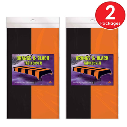 Beistle Orange & Black Stripes Tablecovers, 54” x 108”, Plastic Table Cloth, Rectangular Tablecloth, Holiday Tablecloth, Halloween Plastic Tablecloth, Halloween Decorations, Orange/Black, 2 Pieces