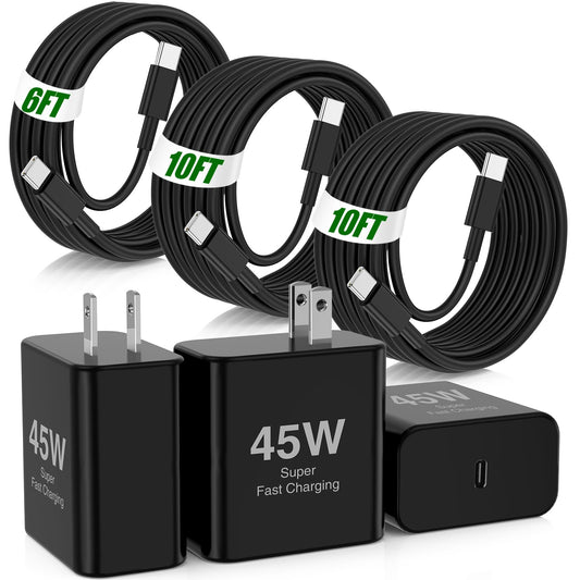 45W Super Fast Charger USB C,3 Pack USB C Charger Block with 10/10/6FT Type C Cable Fast Charge for Samsung Galaxy S26 S25 Ultra S26+/S24/S23/S22/S21, Android, Galaxy Tablet, iPhone 17/16/15 Pro Max 🍁 All In One Marketplace Canada